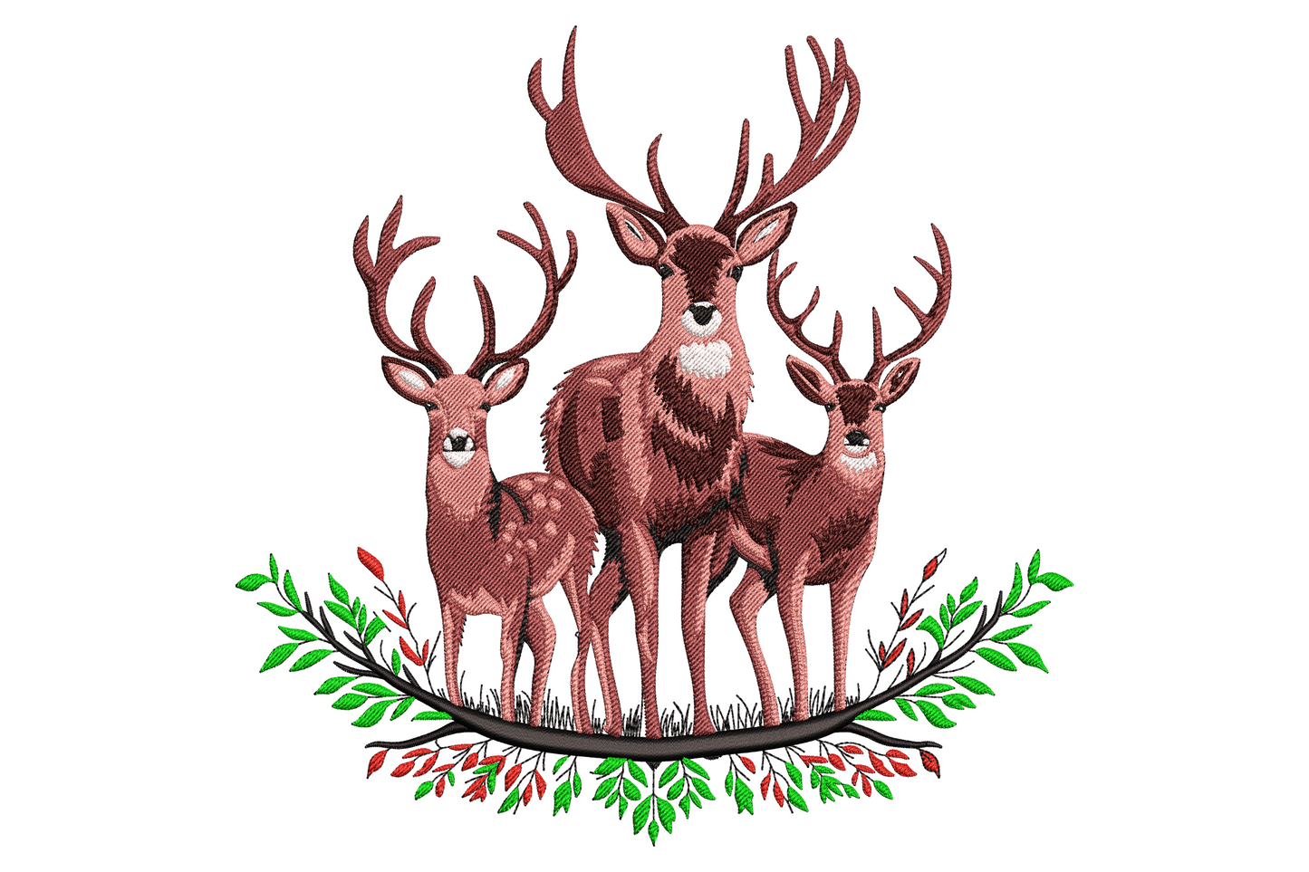 Deer family embroidery, three burgundy deer on a leafy branch with red berries, antlered stag between two smaller deer