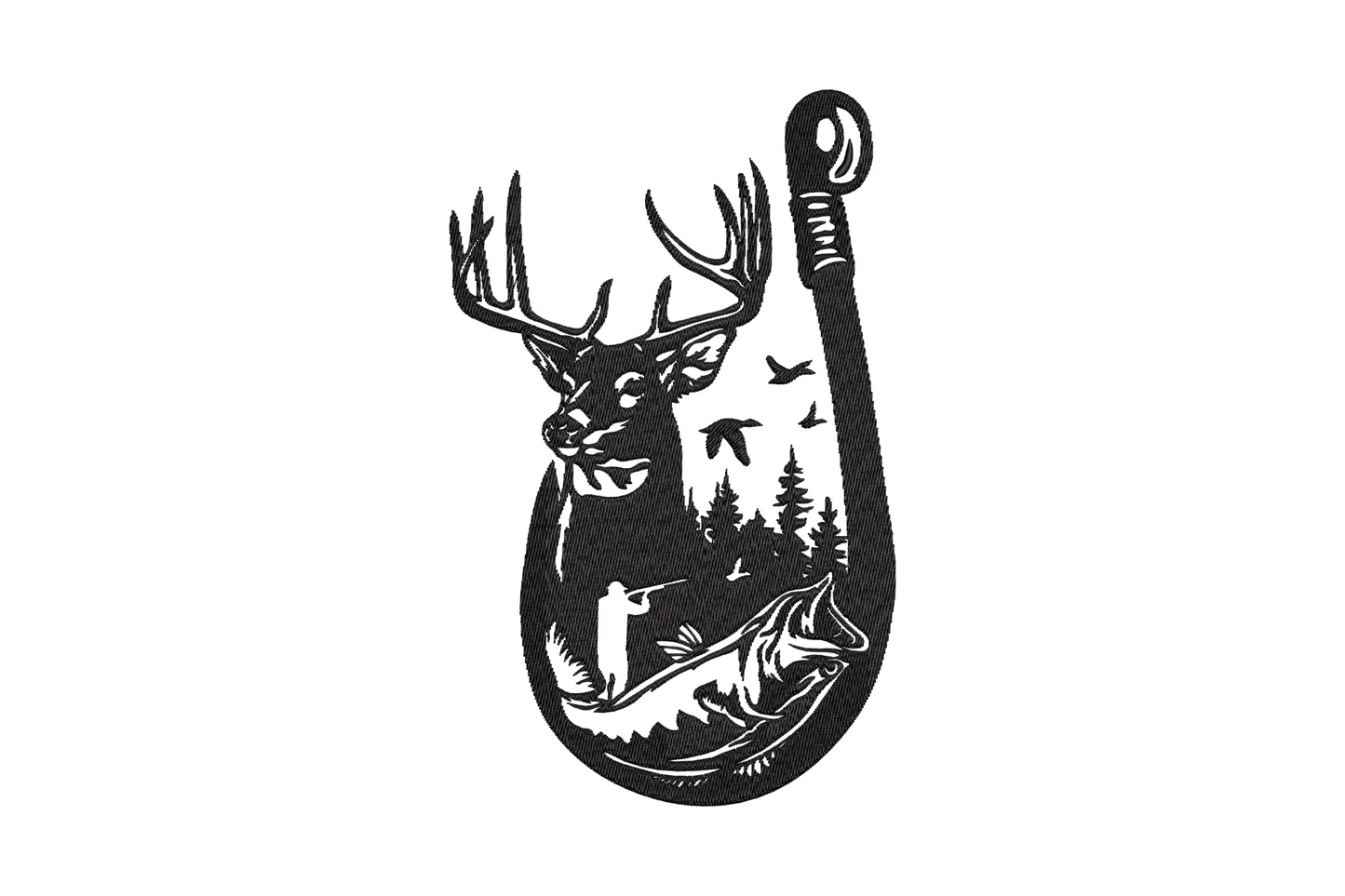 Buck head with antlers flowing into fishing hook silhouette, forest scene with angler and leaping bass inside hook.