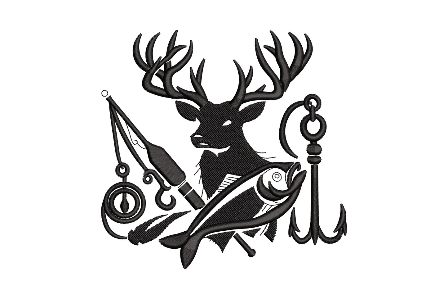 Deer head antler embroidery with fishing rod, reel, fish and treble hook in a black silhouette collage badge, 4 sizes.