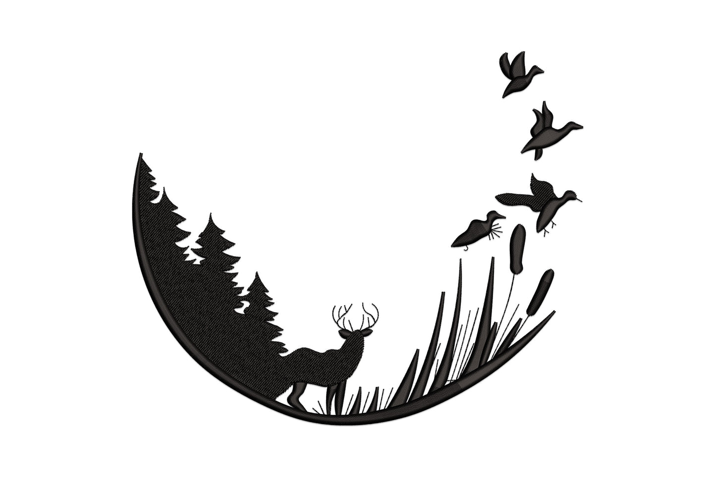 Black silhouette embroidery with arc border, pine trees, antlered deer, cattail reeds and 4 birds in flight at top right.