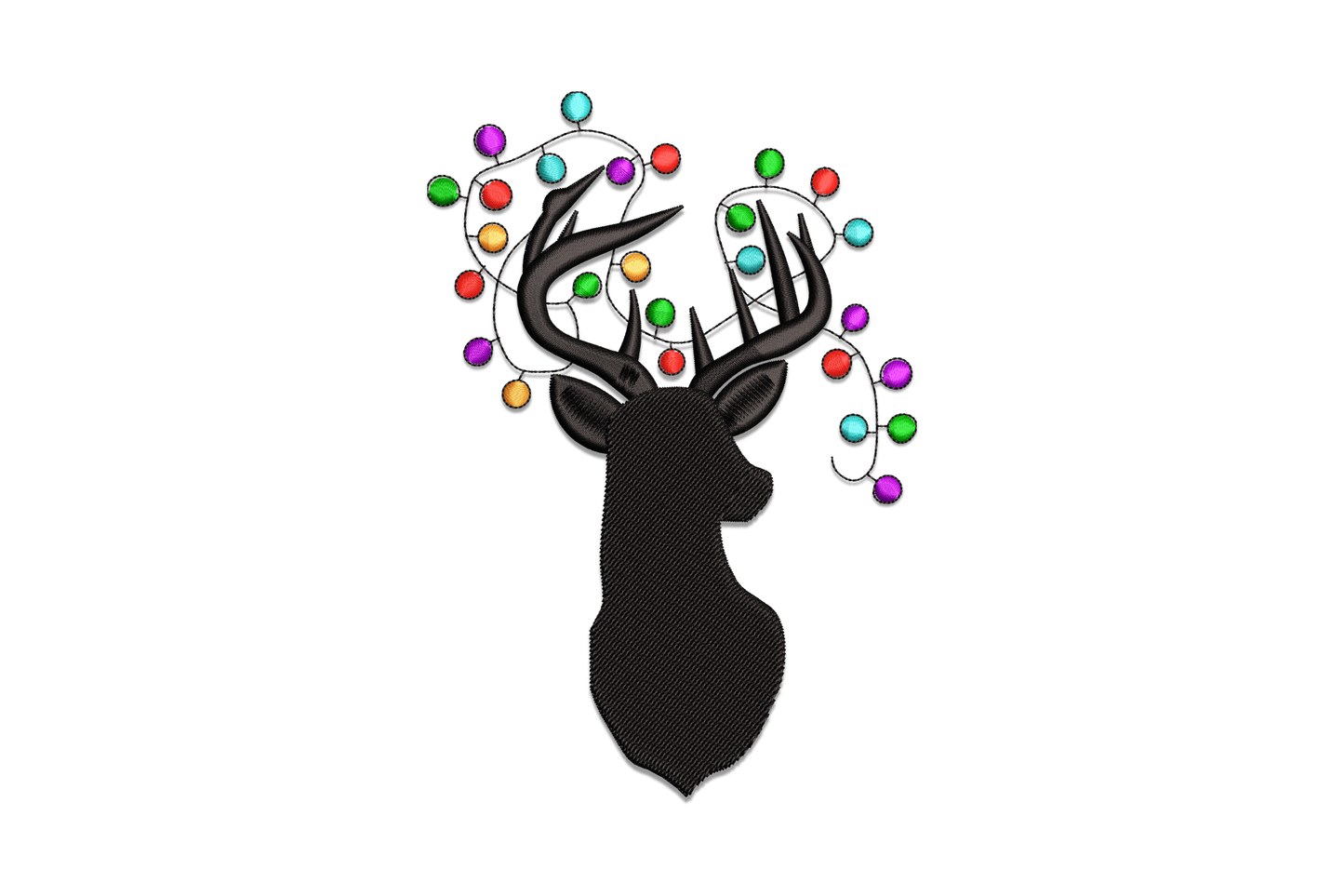 Deer head silhouette embroidery design in solid black with round globe fairy light bulbs in green, red, orange, teal, yellow and purple strung across the antlers.