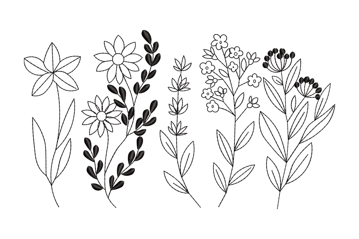 Delicate wildflower bouquet embroidery design with five outline flower stems and dark filled leaf branches in fine line art