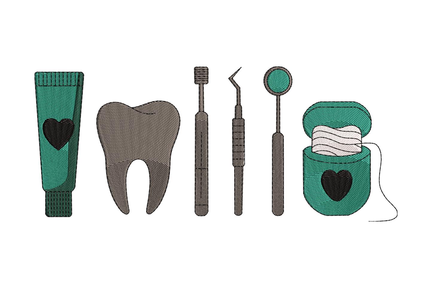 Set of dental tools including a tube, tooth model, and various instruments on a white background.
