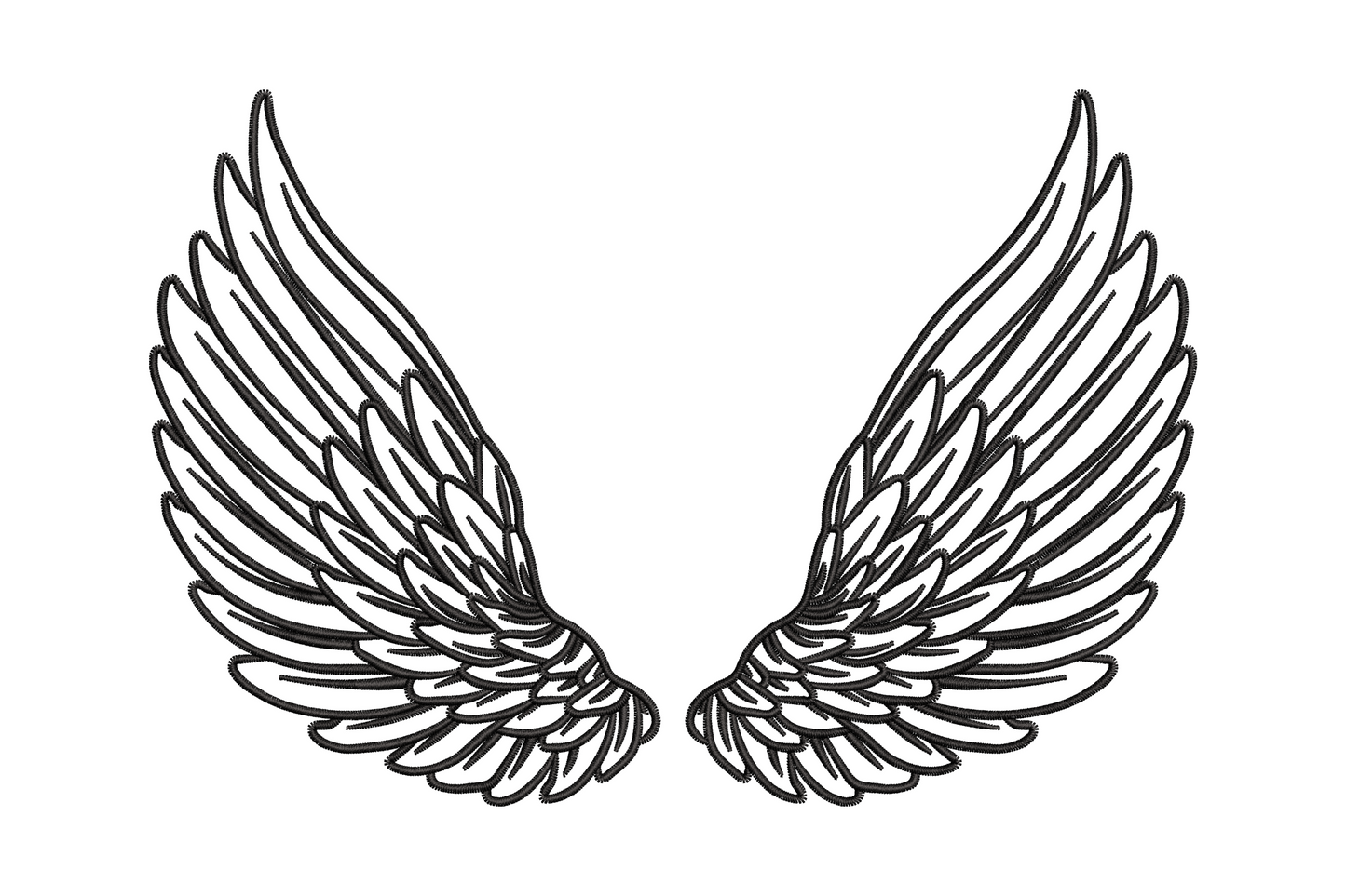 Detailed angel wings line art embroidery design, single color with dense layered feather rows, 3 sizes from 3.8 to 5.2 inches wide