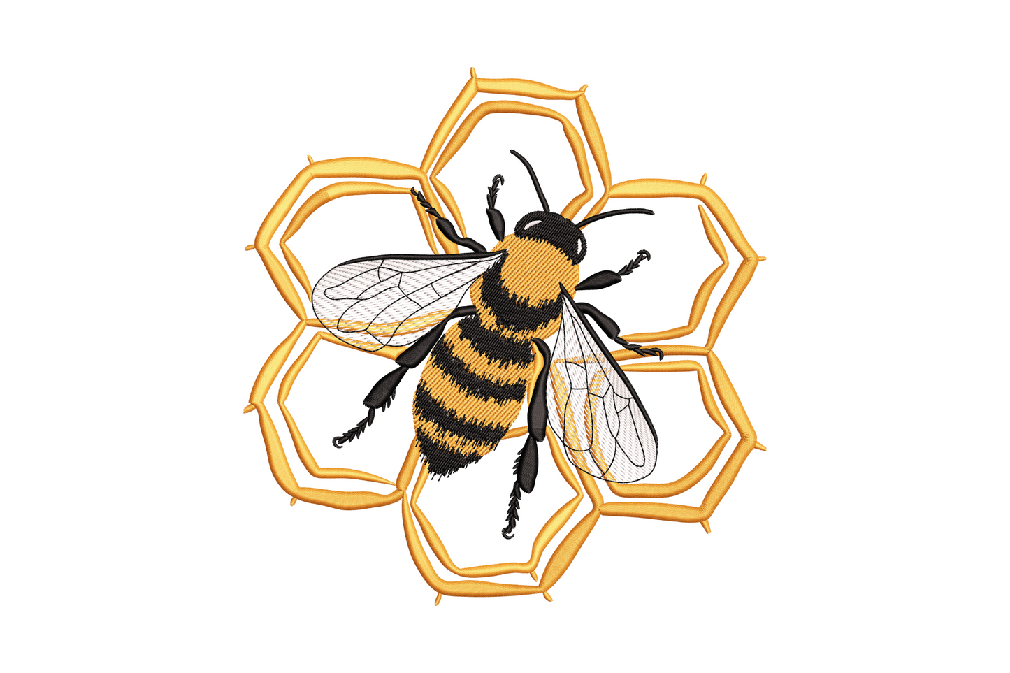 Detailed honey bee embroidery viewed from above with cream wings spread flat across six orange hexagon honeycomb cells