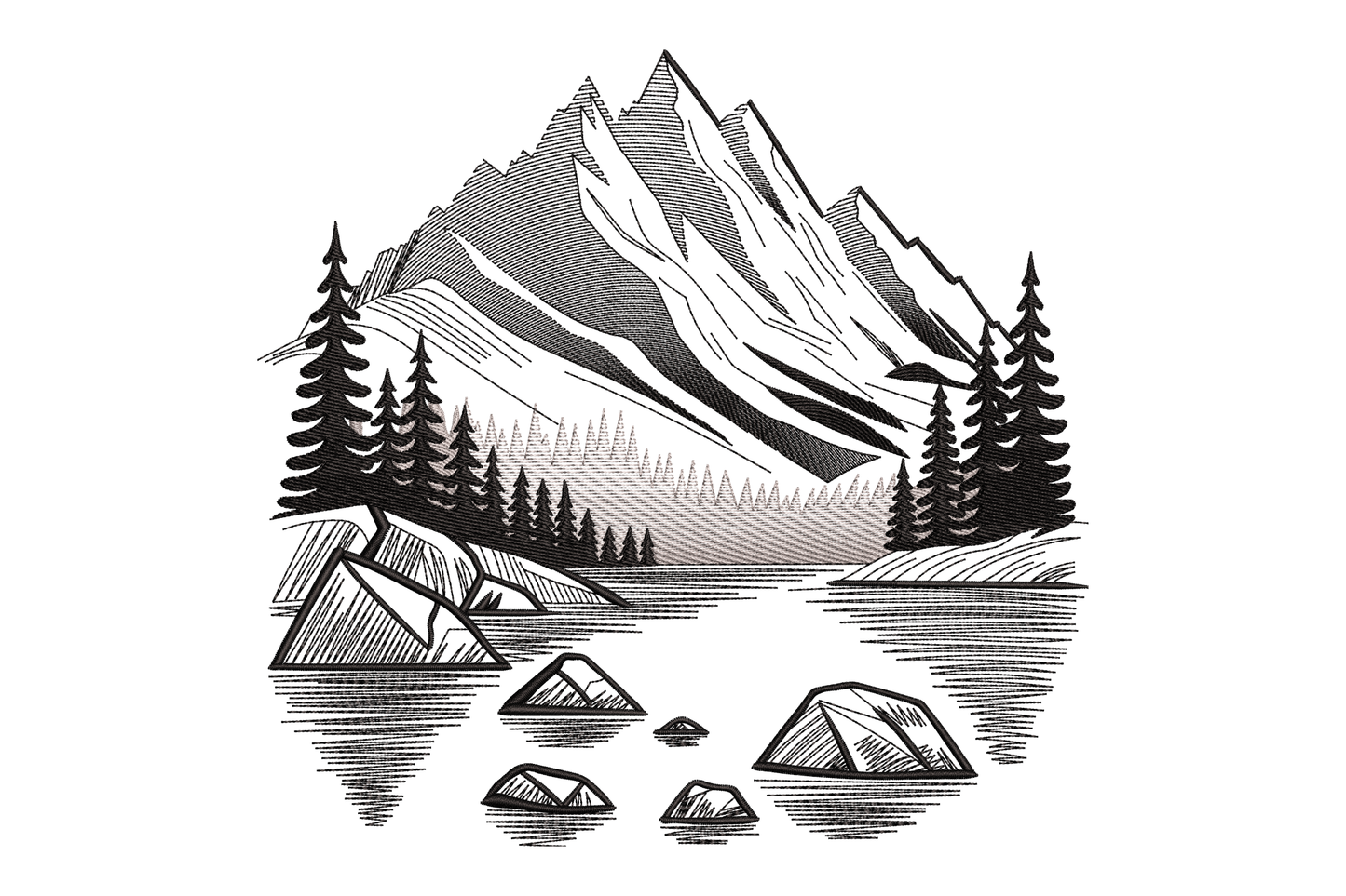 Black and white illustration of a mountain landscape with trees and rocks.
