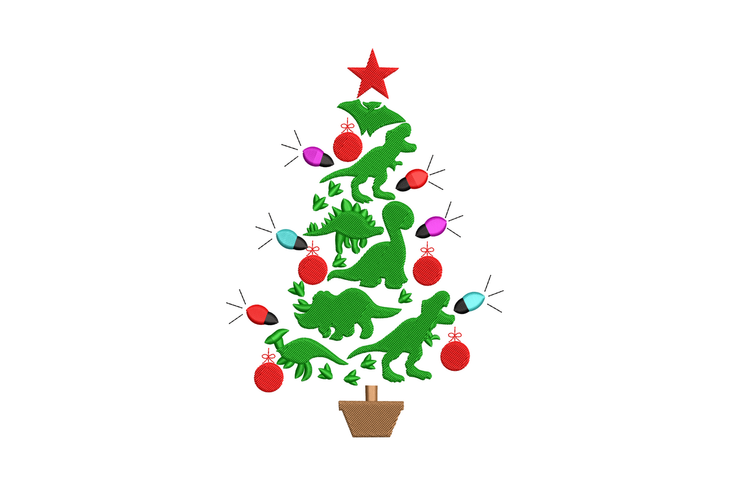 Christmas tree silhouette made from stacked green dinosaur shapes with red star top and coloured lights embroidery design