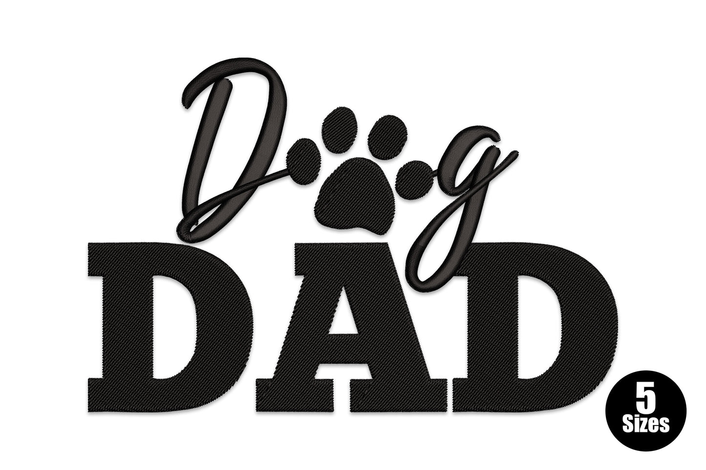 Dog Dad machine embroidery design showing the word Dog in script with a paw print replacing the letter O and the word DAD in bold block letters below, all in solid black thread