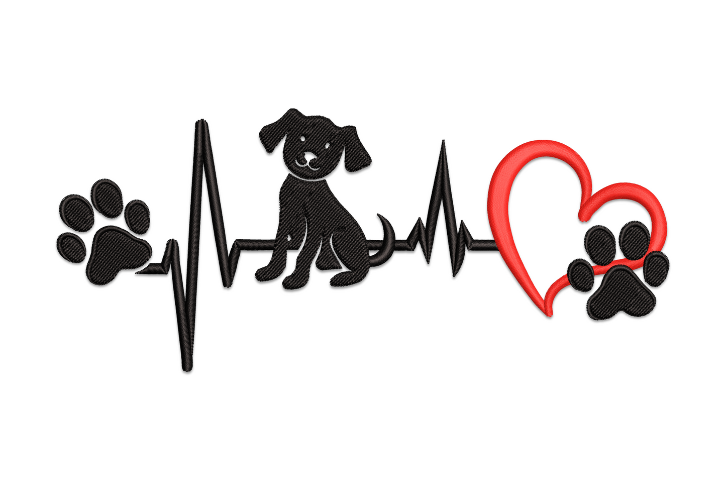 Dog heartbeat line embroidery design with paw prints and red open heart, black and red thread, pet lover design.
