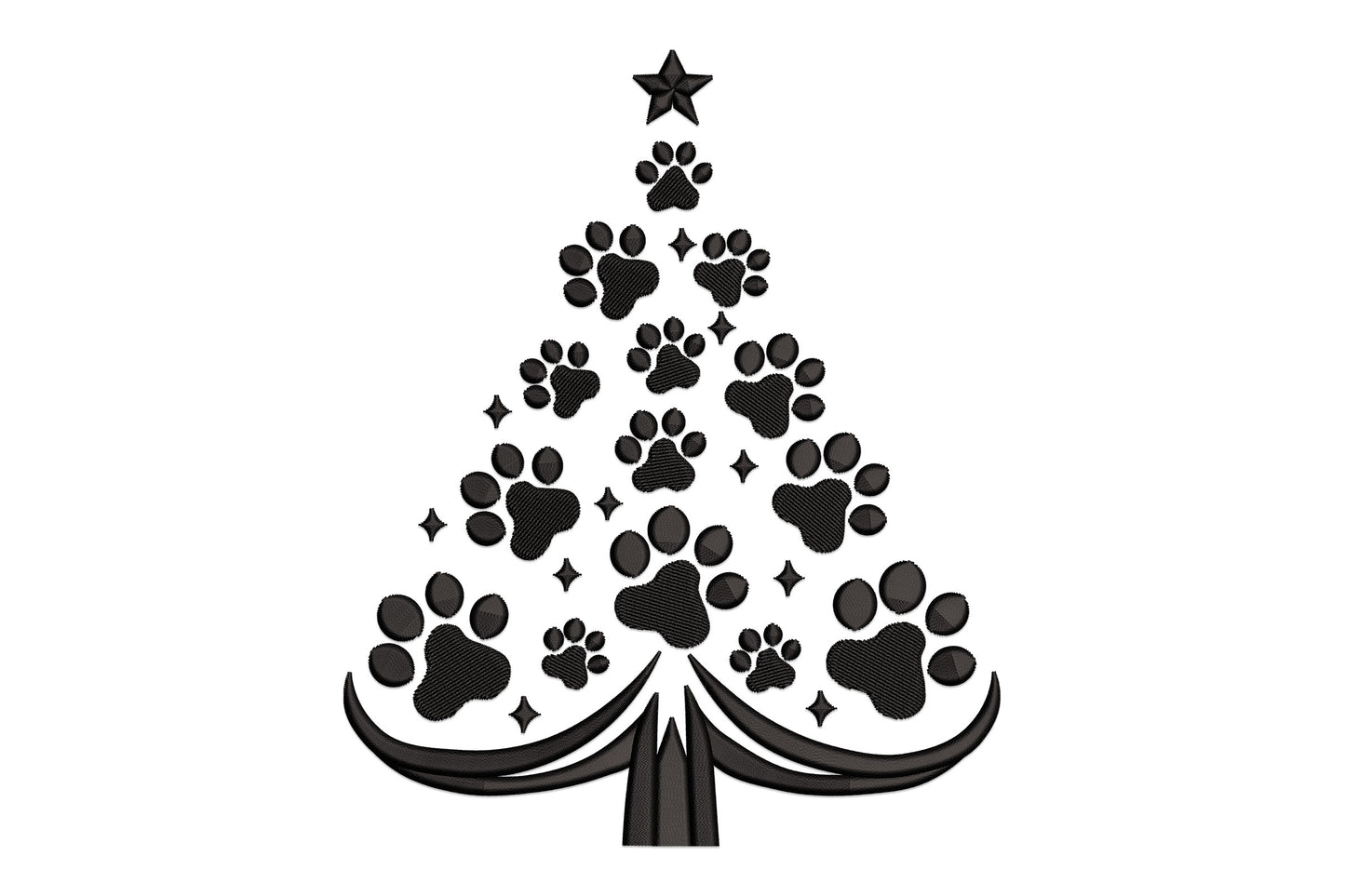 Christmas tree embroidery design made entirely of dog paw print and nose motifs in black silhouette with a star topper.