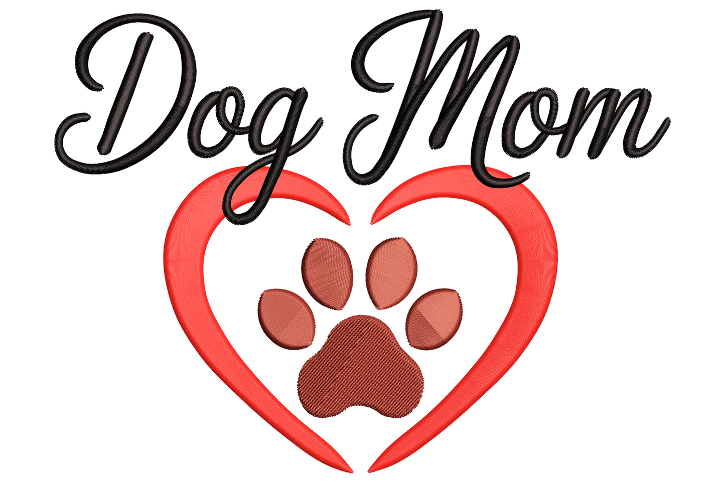 Dog Mom black script text above a red open heart with brown paw print inside the centre