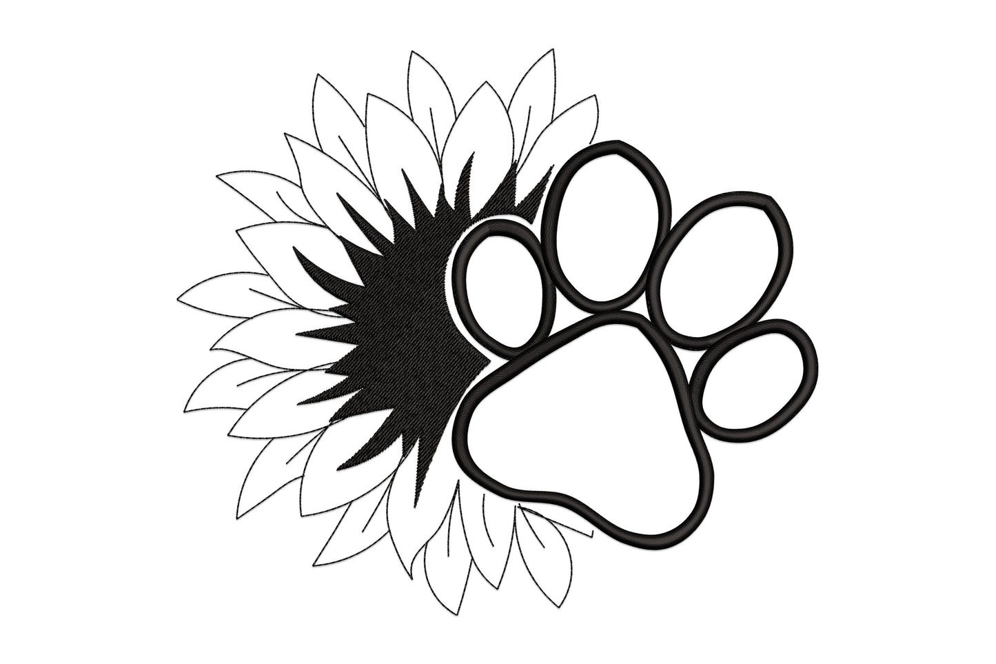 Dog paw floral embroidery design, black paw print overlaid on open sunflower petals with dense satin centre, single colour.