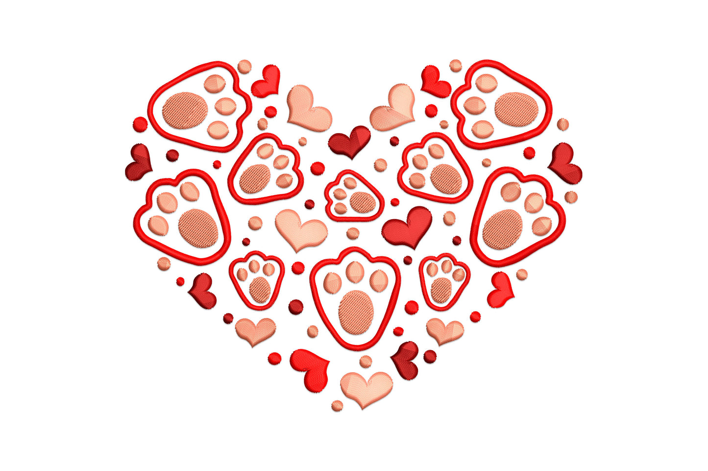 Dog paw heart embroidery design with a large heart shape filled with red-outlined tan paw prints, crimson and blush mini hearts, and red dots.