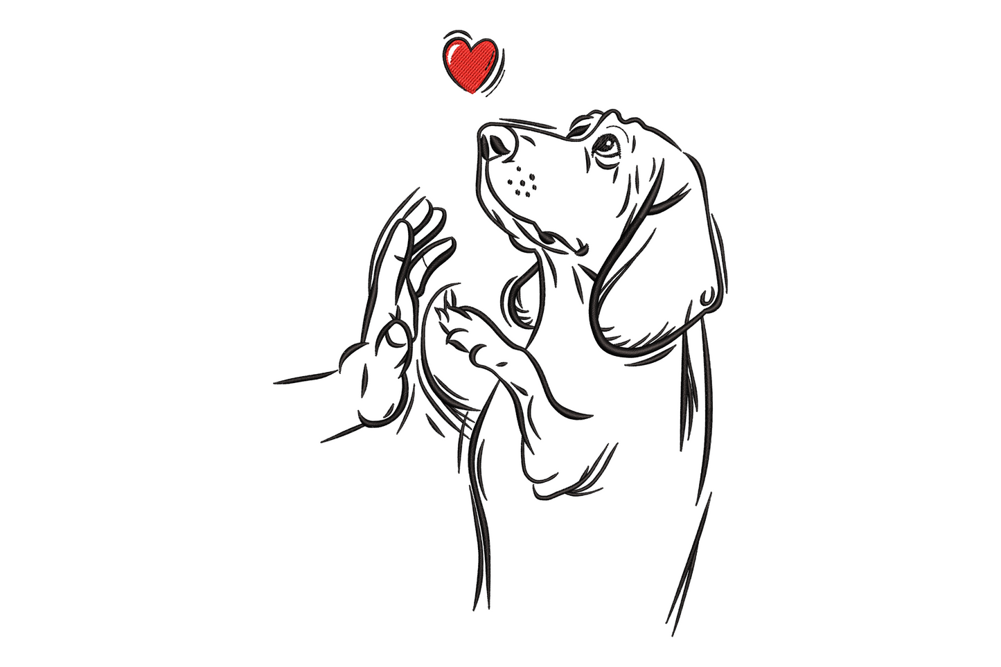 Dog paw love heart embroidery with clean graphic paw print, 2 colours, 9 sizes 3.5 to 7.5 inches wide, instant download