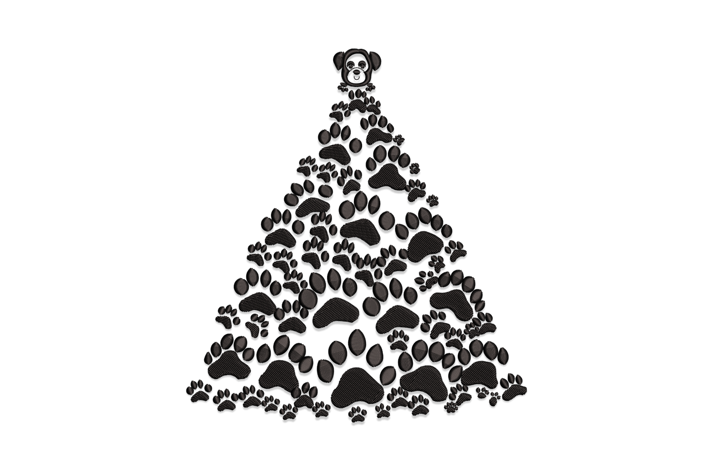 Tree silhouette built from black dog paw prints narrowing to apex, cartoon dog face topper at top.