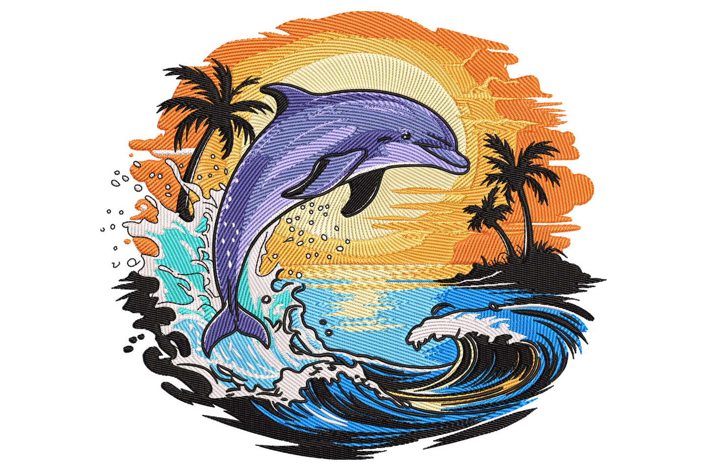 Lavender dolphin leaping over a teal wave with sunset orange sky, palm tree silhouettes and white foam splash beneath.