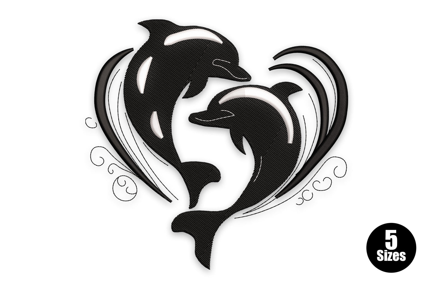 Dolphin heart duo embroidery -- two black dolphins forming a heart silhouette with scroll flourishes, 2 colours