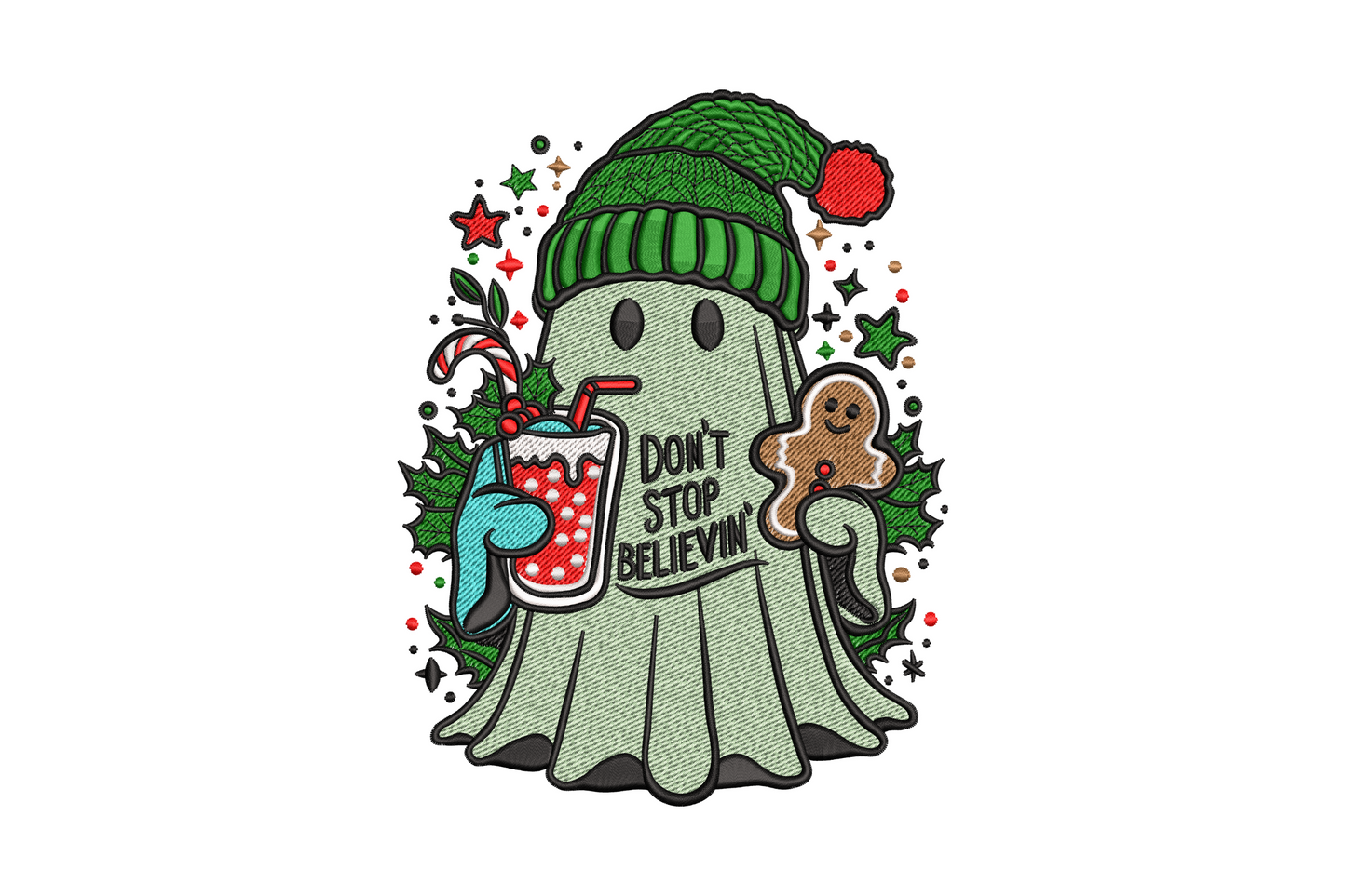 Christmas ghost embroidery wearing green knit beanie holding holiday drink cup and gingerbread man with holly background and Don't Stop Believin text