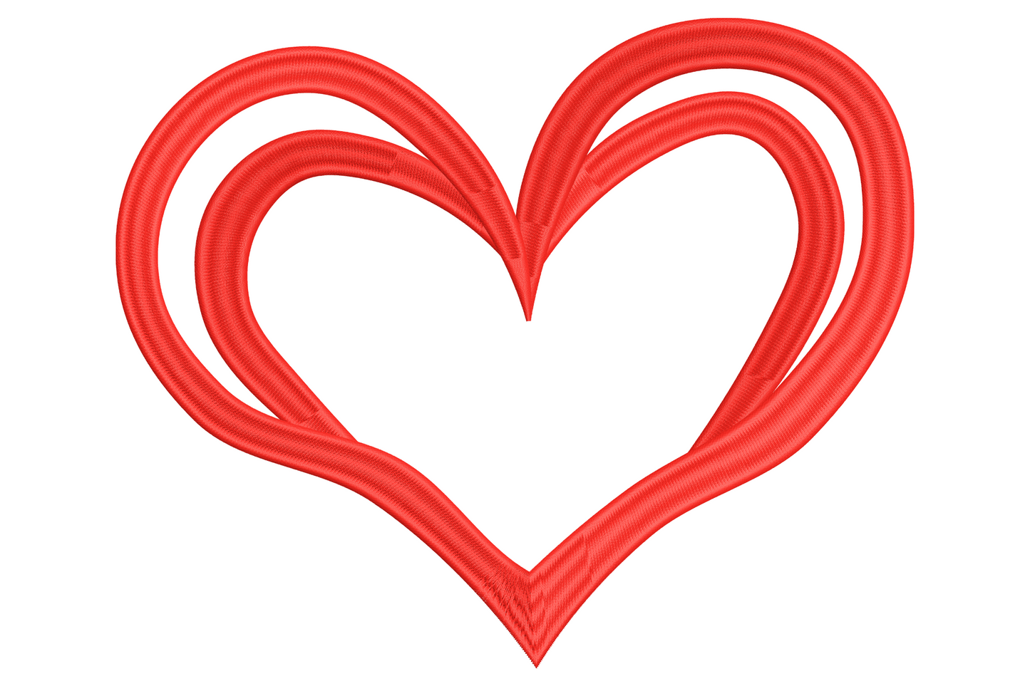 Double nested red heart outline embroidery design in hand-drawn doodle style with crossover loops at the bottom of each heart