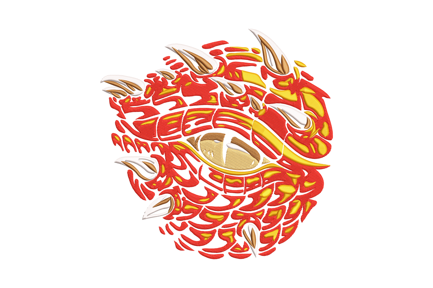 Dragon eye embroidery design with vertical slit pupil, amber iris, red flame scales, and silver claw tips, fantasy machine embroidery pattern 5 sizes.