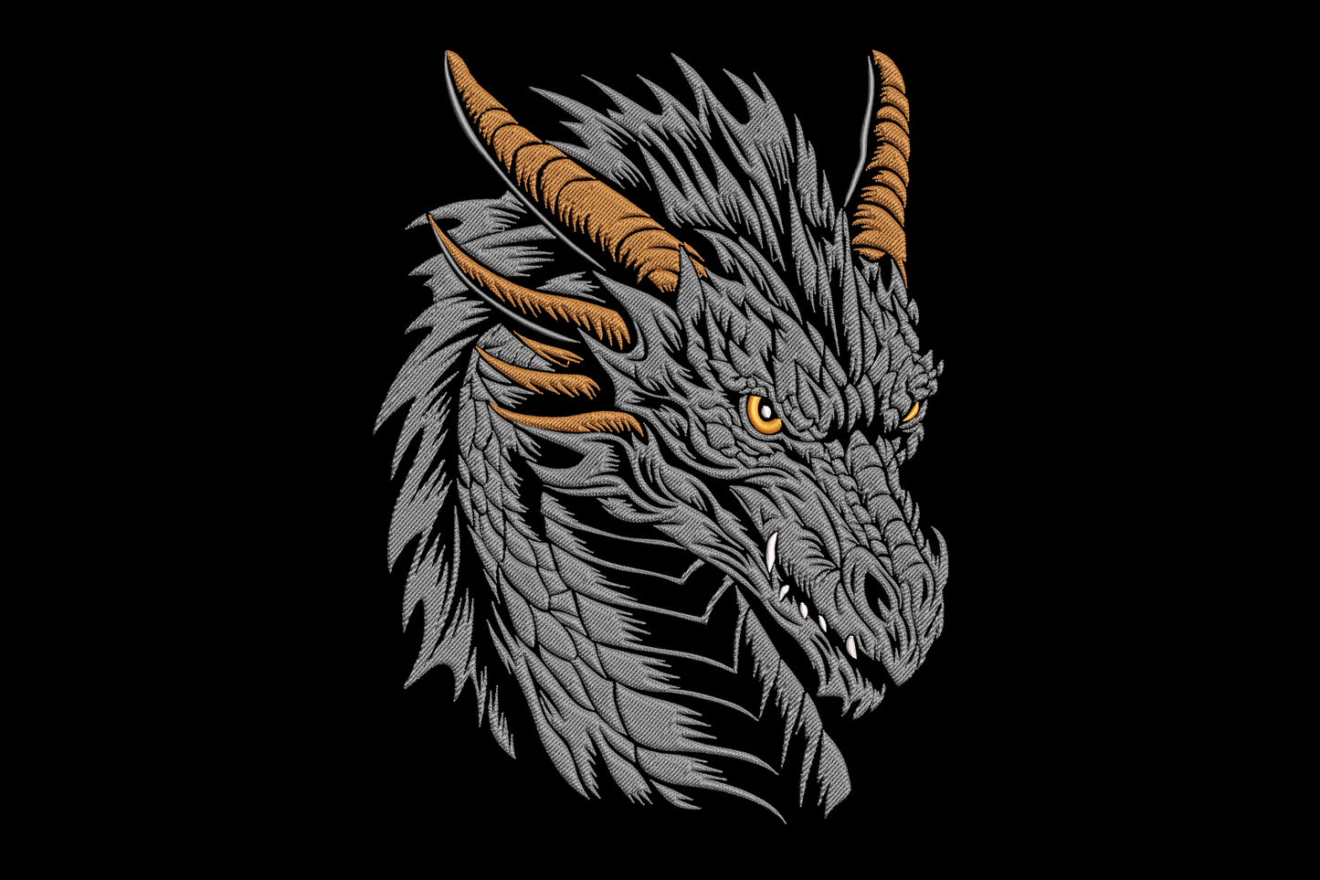 Dragon head portrait embroidery design, dark grey scales with amber horns and yellow eyes, fantasy motif for jackets and caps