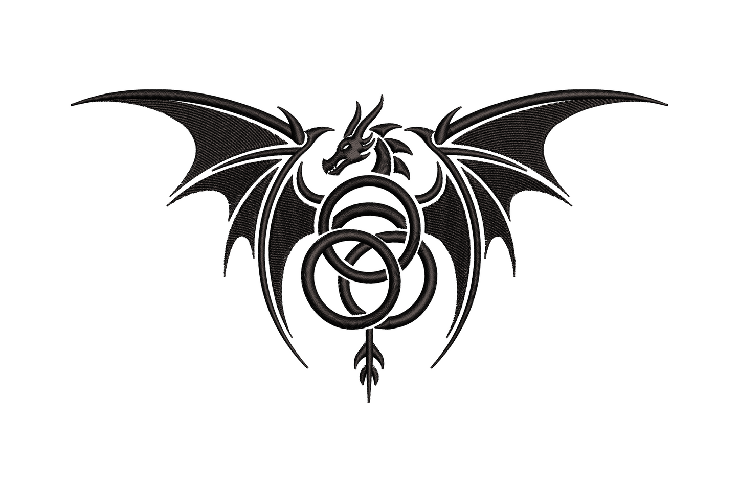 Tribal dragon embroidery with spread bat wings perched over a celtic triquetra knot and small downward sword, single black thread gothic tattoo flash style