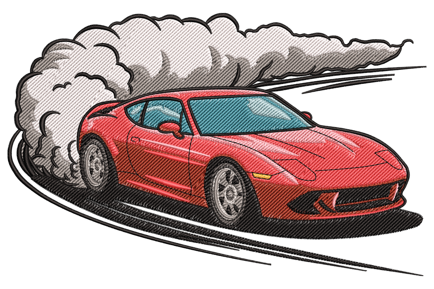 Red sports car drifting embroidery with grey and white smoke cloud rolling from the rear wheels and curving skid marks below