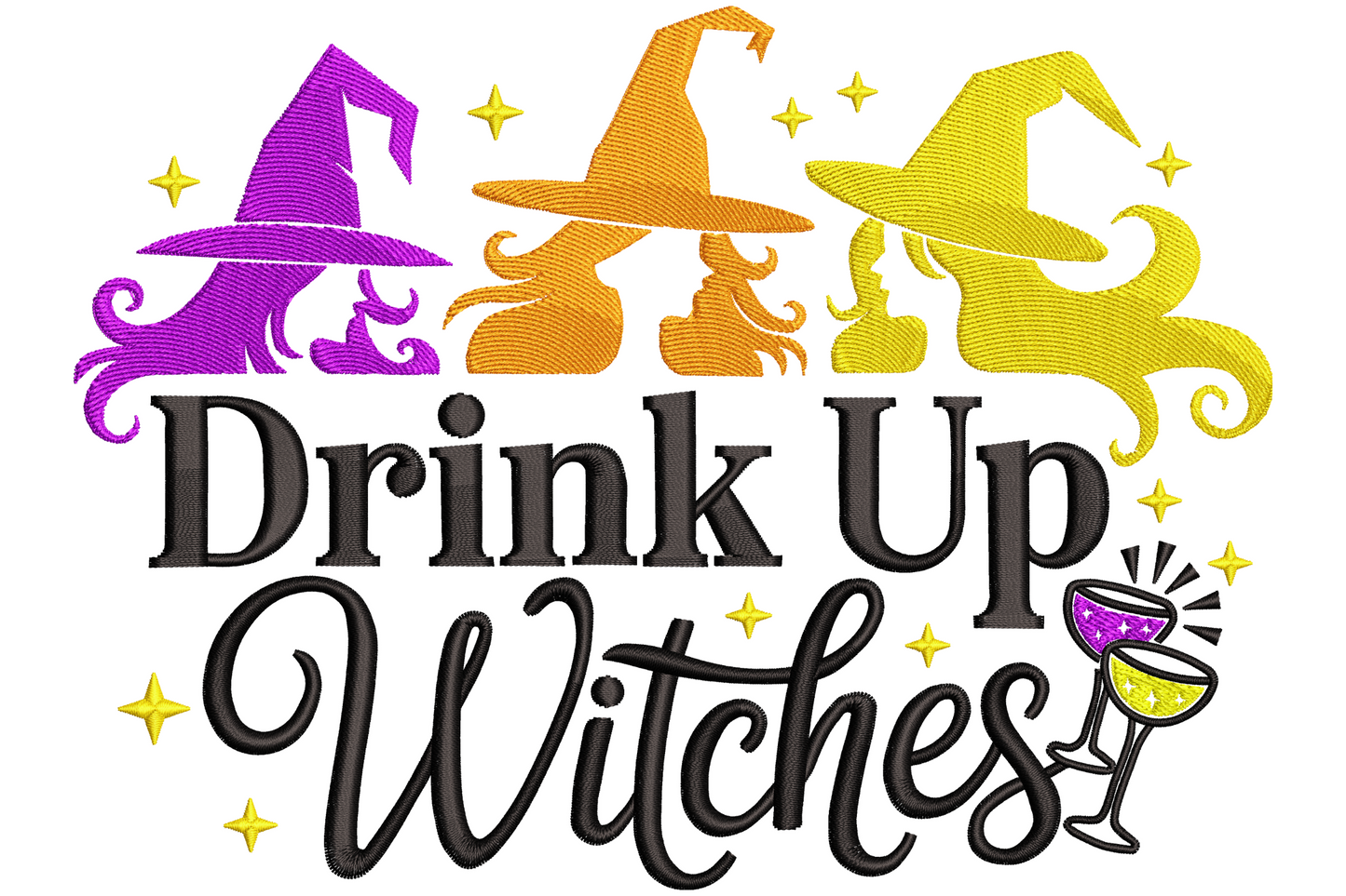 Drink up witches Halloween embroidery design with bold chalk-style all-caps lettering in black with orange and purple accents on white background.
