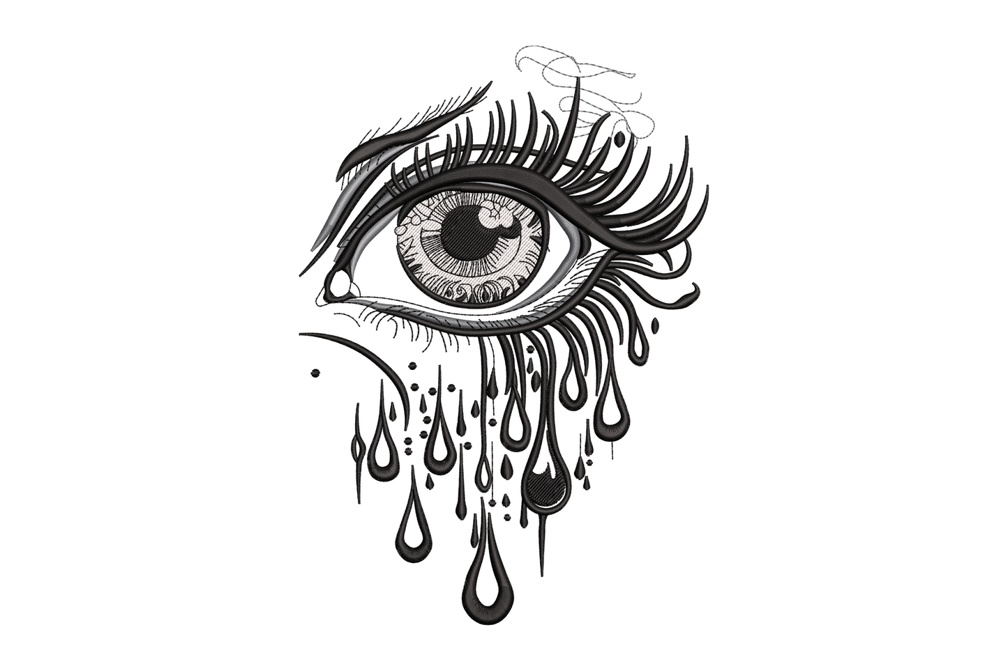 Gothic dripping eye embroidery design with ornate sweeping lashes, swirling iris detail and teardrop drips below, 3 colours in black grey and white