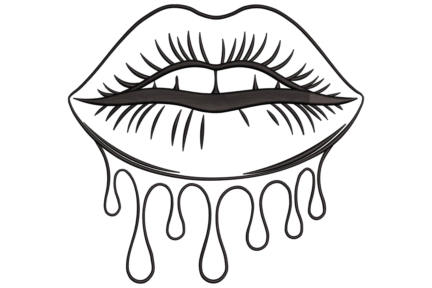 Bold black dripping lips outline embroidery, full lips with lash-fringe strokes and five gloss drip loops below.