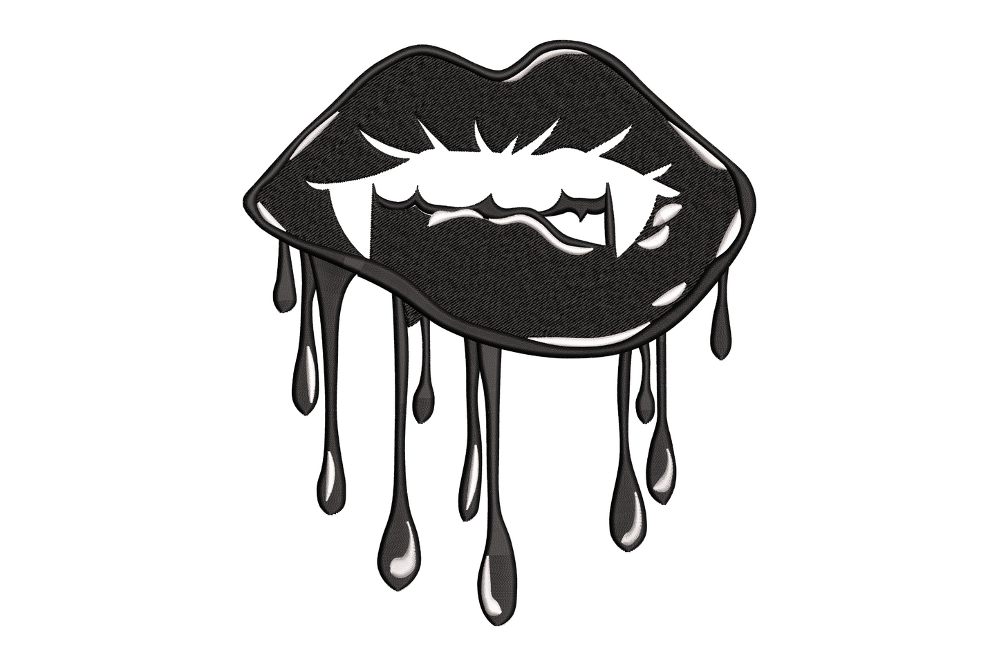 Dripping vampire lips Halloween embroidery, crimson and black, bold lips with blood drip and fangs, 6 sizes to 7.5 in