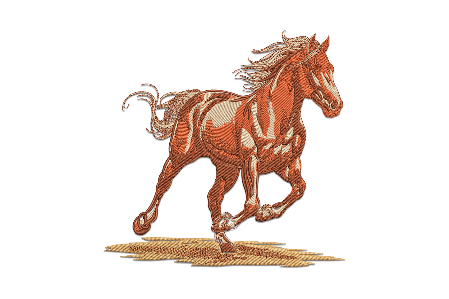 Dynamic running horse machine embroidery design with chestnut body and flowing mane in mid-gallop motion, directional satin stitch detail