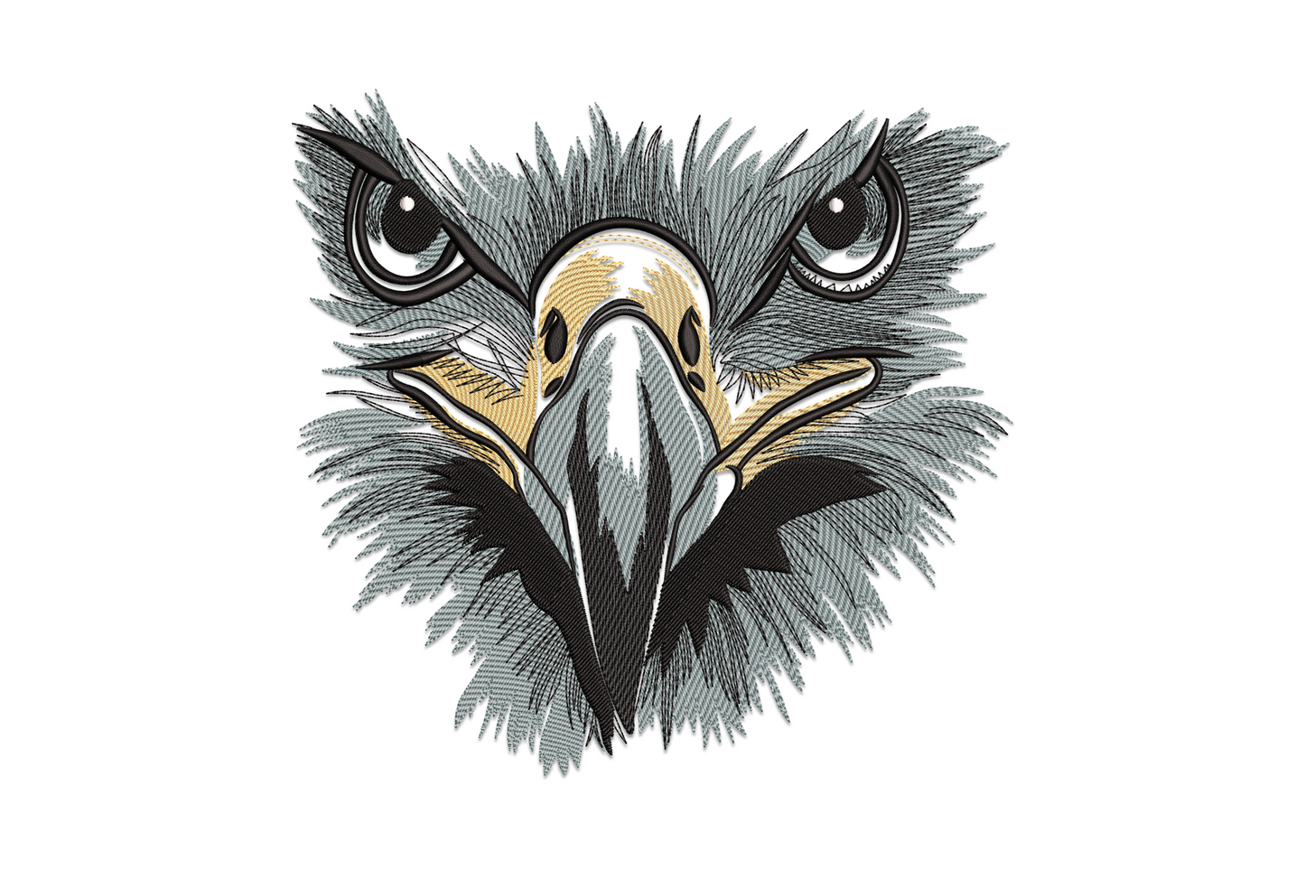 Eagle face embroidery design close-up portrait with white head feathers, dark brown shading, golden yellow beak, and amber eye on white background.