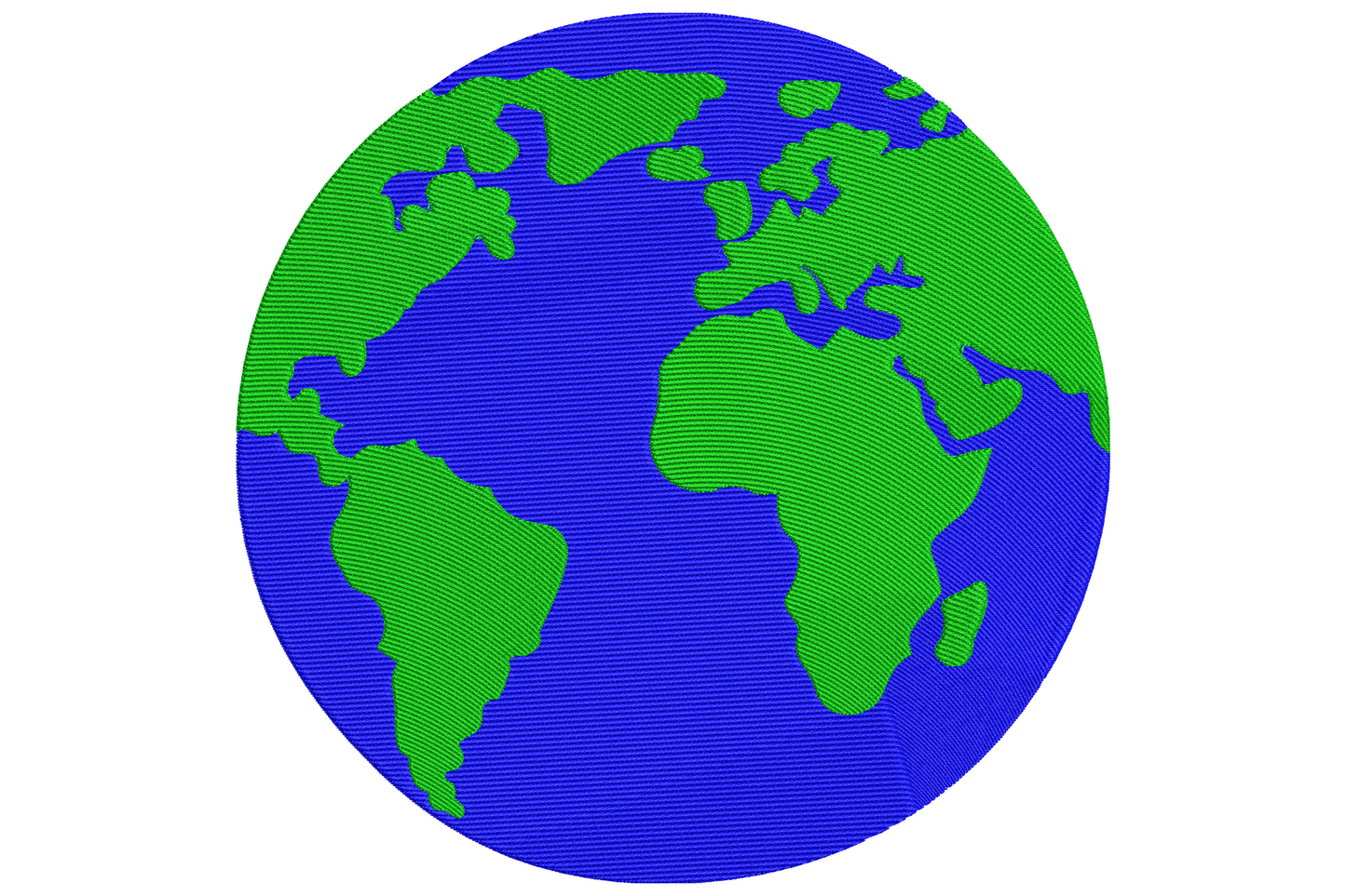 Earth globe embroidery design with cobalt blue oceans and dark green continents, clean flat tatami fill, no outlines, bold and geographic.