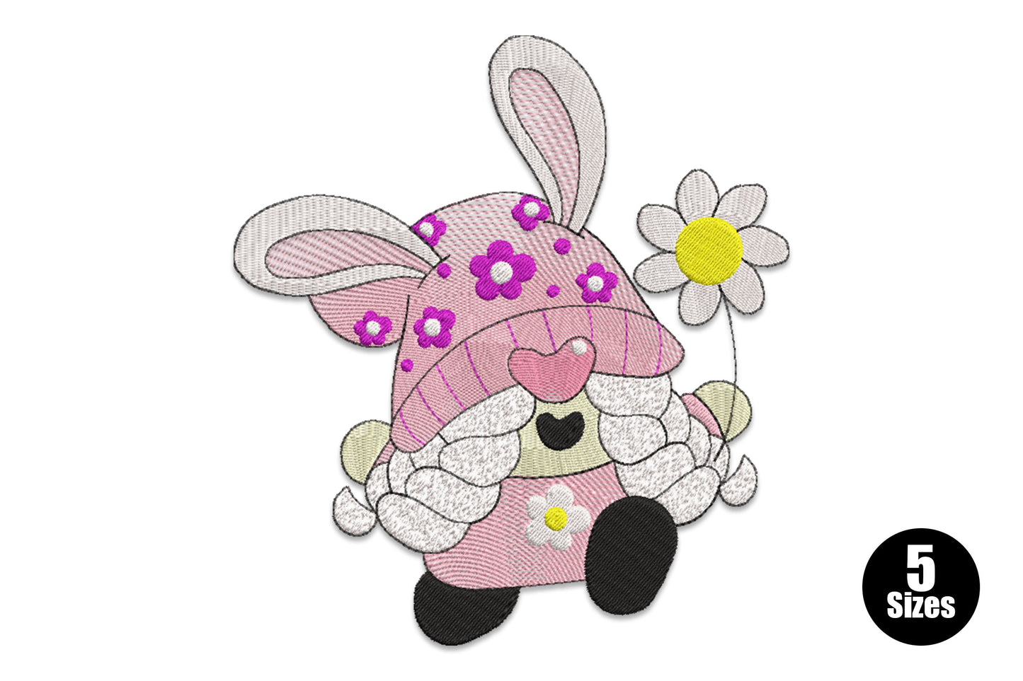Easter bunny gnome embroidery design with pink flower-dot hat, floppy bunny ears, white fluffy beard and a daisy