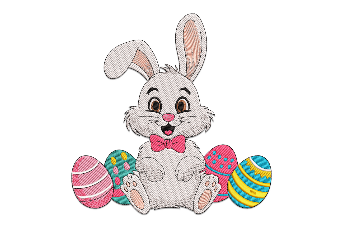 White cartoon Easter bunny with pink bow tie, four decorated Easter eggs in teal, pink, and gold