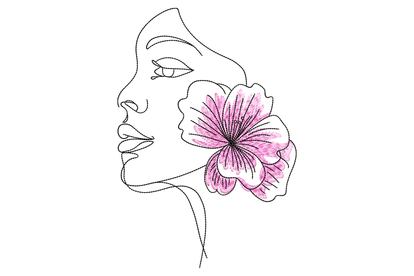 Abstract woman face embroidery design, minimalist black line-art side profile with soft pink hibiscus flower at the ear, clean fashion illustration style.