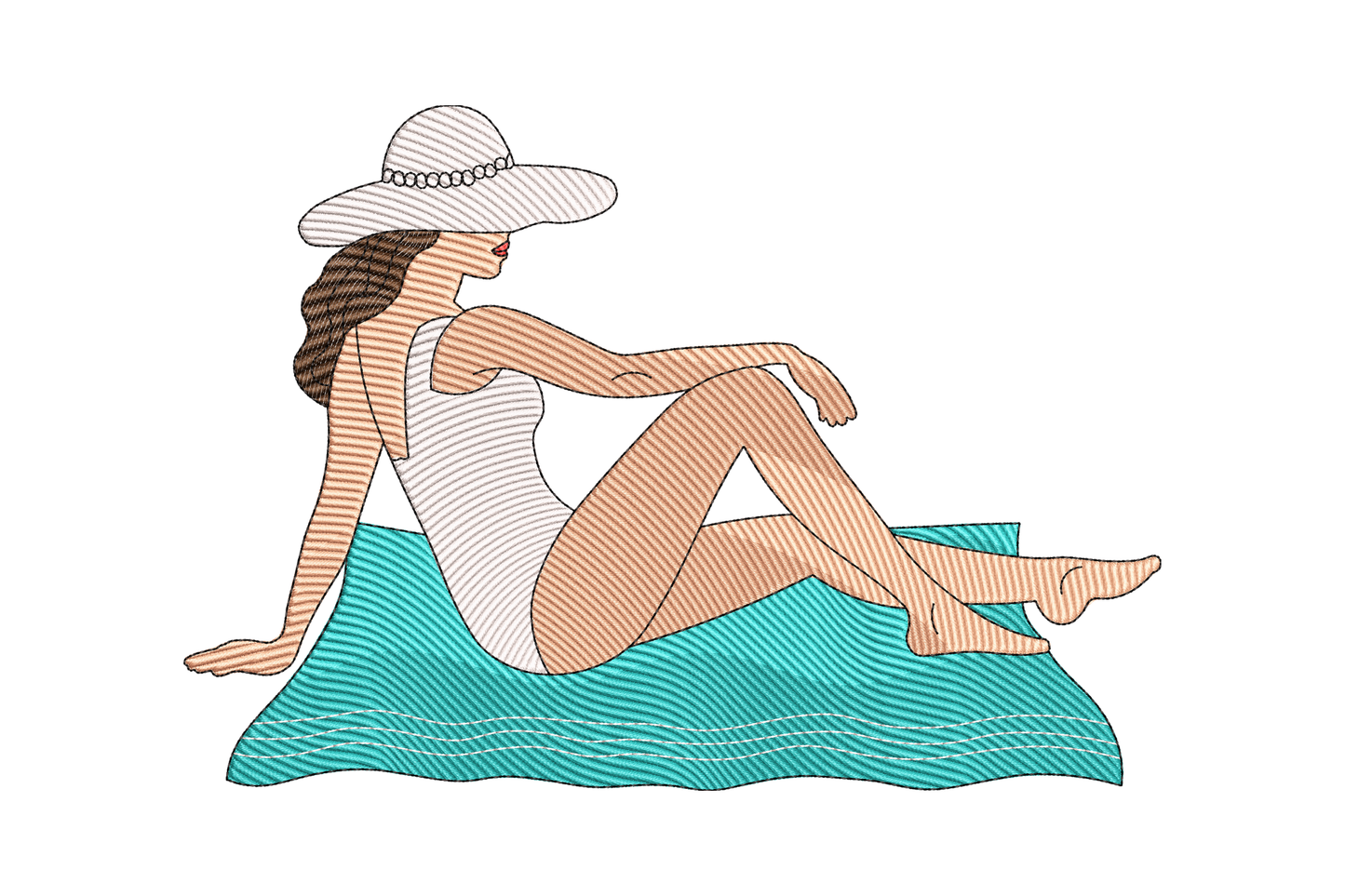 Illustration of a woman sitting on a towel wearing a swimsuit and hat.