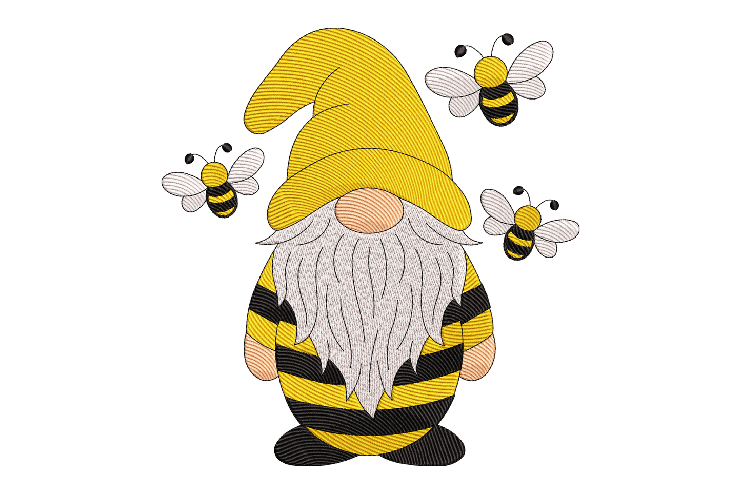 Gnome character with a yellow hat and striped body surrounded by bees on a white background