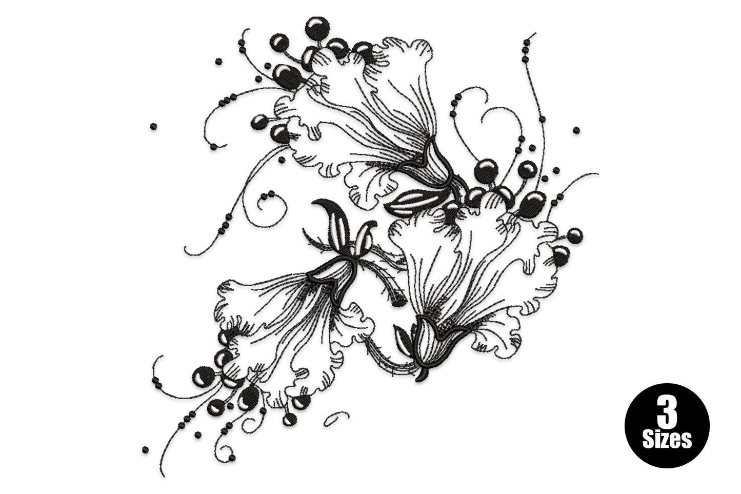 Black line art botanical flower embroidery design with lily-style blooms, round-tipped stamens and ruffled petals arranged in an open scattered cluster.