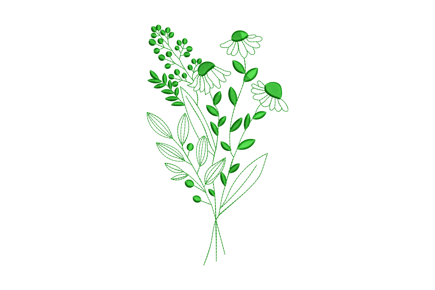 Green botanical wildflower bouquet embroidery with queen anne lace, coneflowers, and broad leaf stems