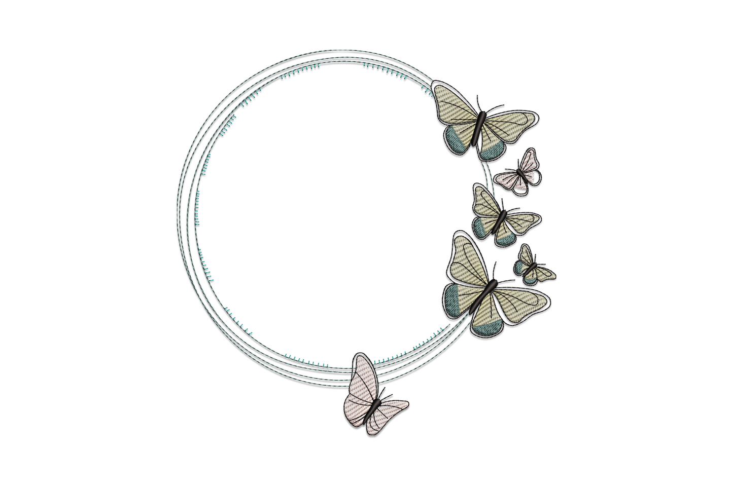 Elegant butterfly circle frame embroidery with leaf and dot border, fine satin wings, 5 thread colours on natural linen fabric