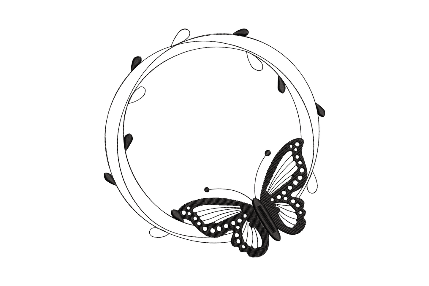 Machine embroidery circle monogram frame with thin ring, teardrop accents, and large satin butterfly at bottom right, single color, open center