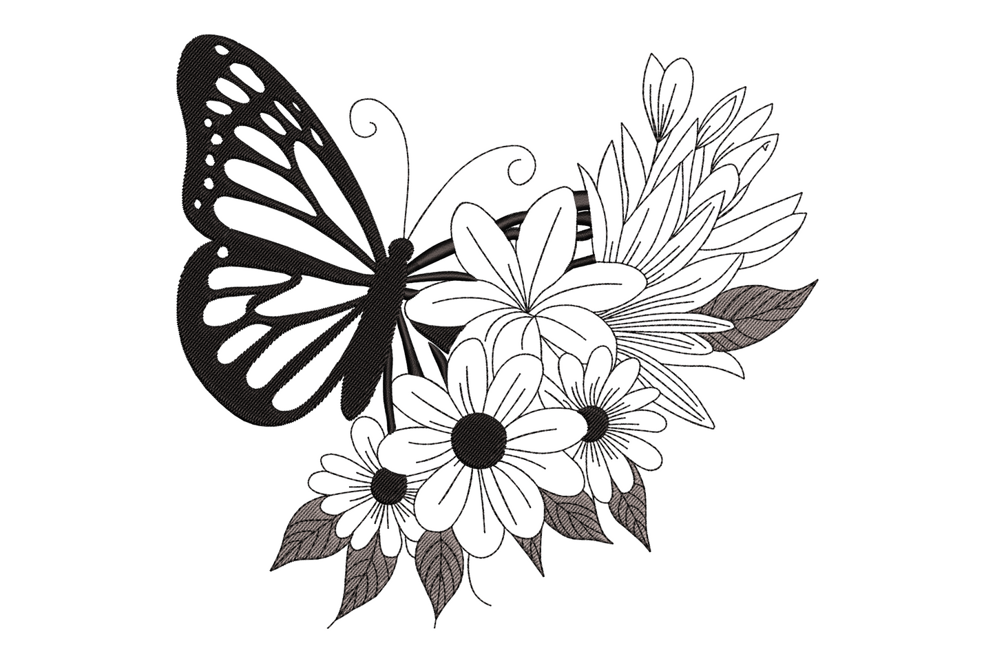 Elegant butterfly flower embroidery design with solid black monarch butterfly wing on open outline daisy flowers, monochrome black and white.