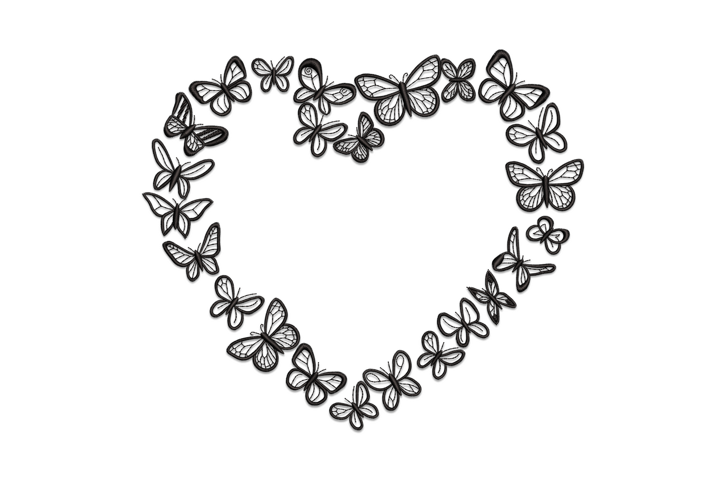 Butterfly heart outline embroidery design with individual butterflies forming a heart shape, black thread, detailed wing stitching.