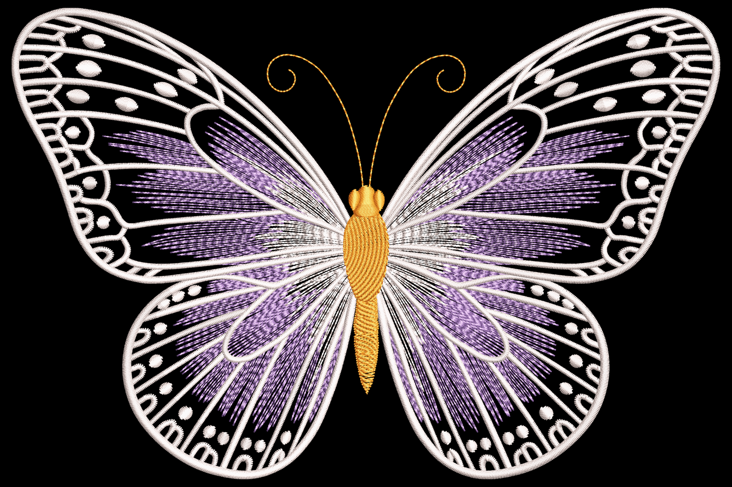 Elegant butterfly embroidery with dusty mauve wing fills, ivory highlights, and fine charcoal vein satin detail lines.