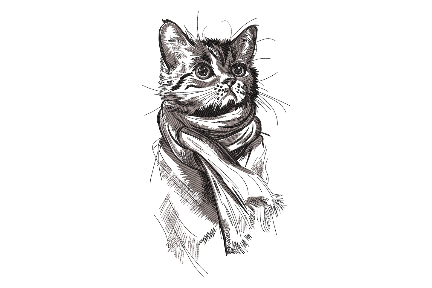 Elegant cat portrait embroidery, cream and charcoal satin fur stitching, realistic feline face, 10.5 by 5.83 inches wide