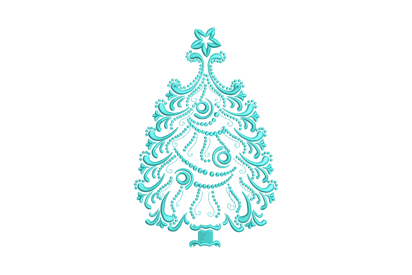Elegant single-color aqua Christmas tree embroidery design with ornate baroque scrollwork, bead garland and star topper