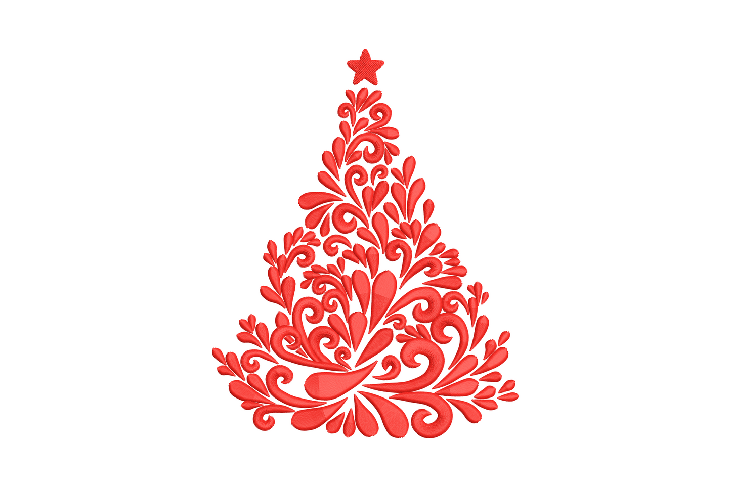 Red swirl christmas tree embroidery, scrollwork and teardrop fills with star topper, 5 sizes up to 7.51 inches.