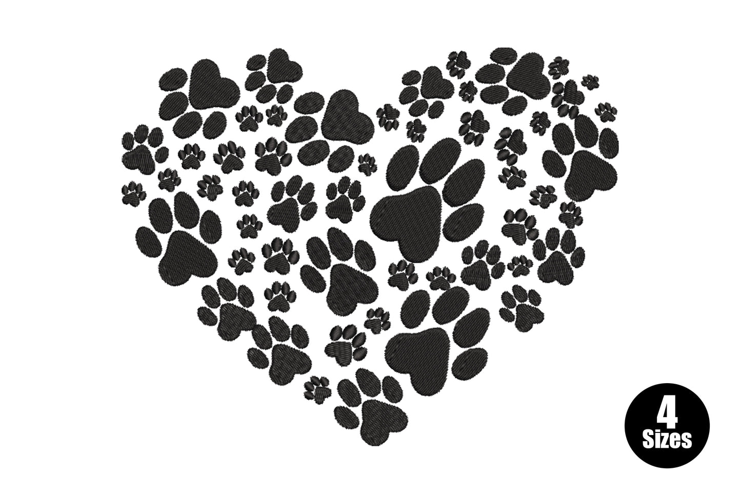 Dog paw heart embroidery design with dozens of solid black paw prints in varying sizes packed together to form a heart silhouette.